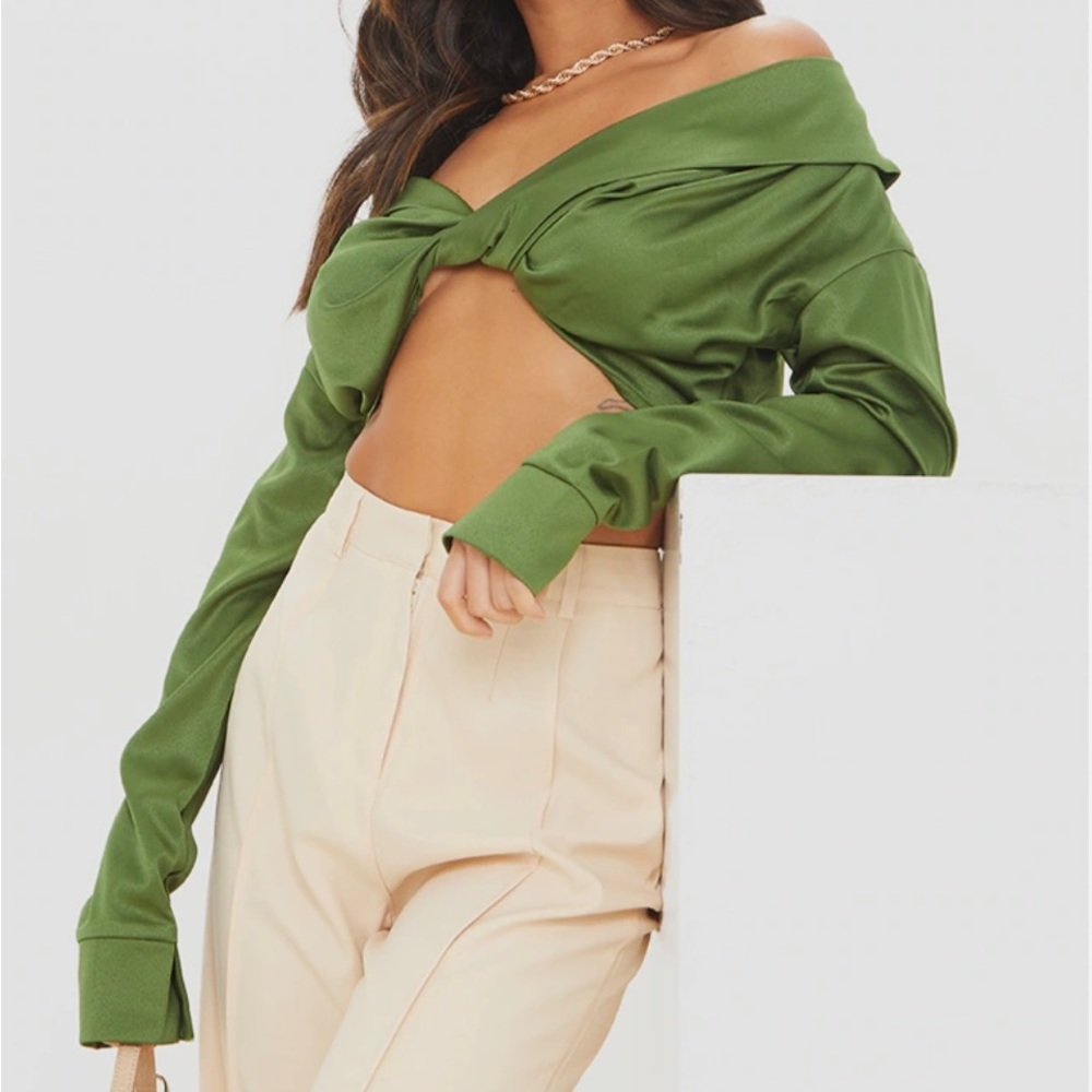 Olive Satin Bardot Twist Front Blouse